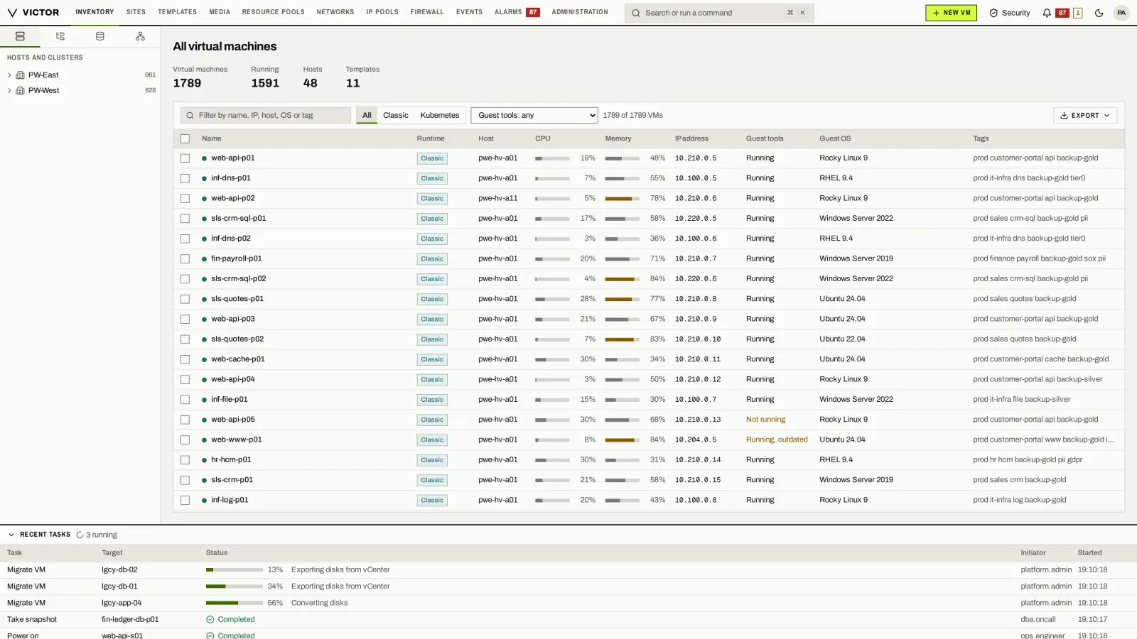 Classic view: The Classic view: the vSphere Client layout, with a top menu, inventory tree and docked Recent tasks.