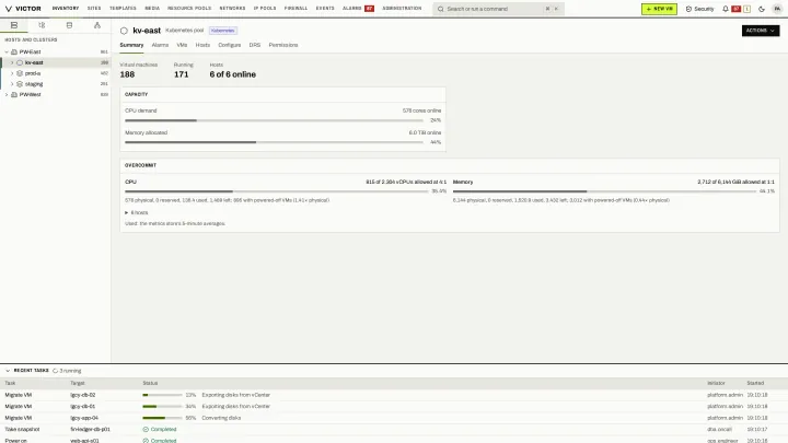 KubeVirt pool summary in the classic view: A KubeVirt pool in the same tree, with the same summary layout as a KVM cluster.