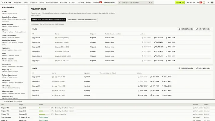 Migration plans in the classic view: Enterprise migration plans: waves, test boot, cutover and rollback per VM.