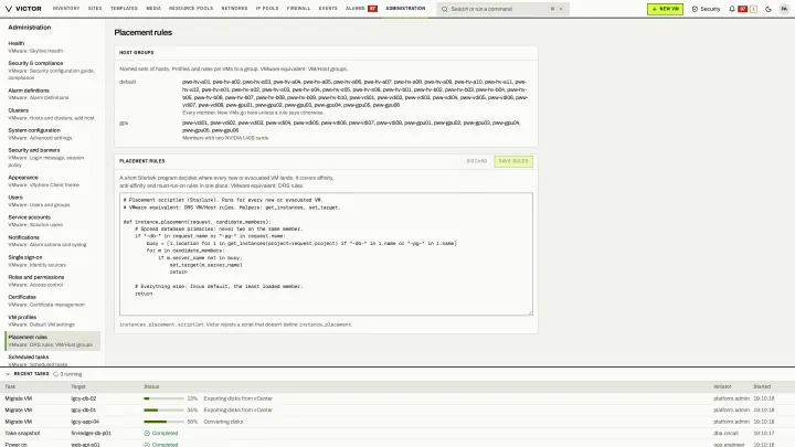 Placement script in the classic view: Host groups and a site-wide placement script that decides where new or evacuated VMs land.