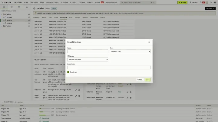 Placement rule in the classic view: VM/VM and VM/host affinity and anti-affinity rules.