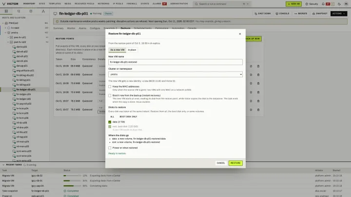 Restore a VM in the classic view: Restore in place or as a new VM, choosing the cluster or namespace and which disks.