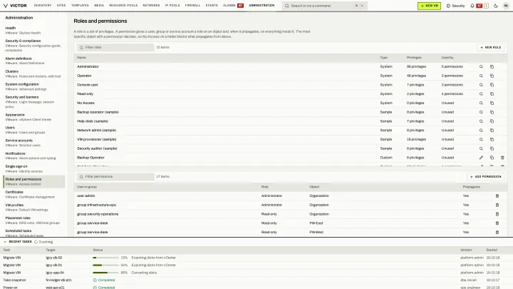 Roles and permissions in the classic view: vCenter-style privileges and roles, assigned on inventory objects with propagation.