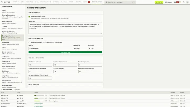 Security and banners in the classic view: Consent notice, classification banner, session and password policy.