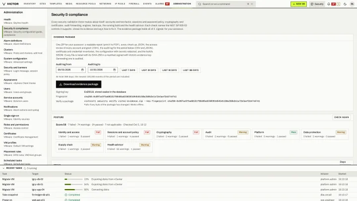 Security & Compliance Center in the classic view: Posture checks by area and a signed evidence package for assessors.