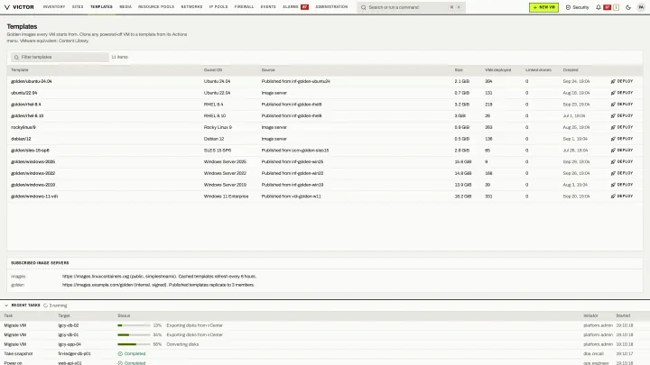 Template library in the classic view: Golden images and templates with guest OS, size and usage.