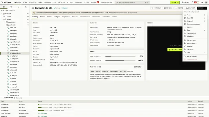 VM actions in the classic view: Power, snapshots, migrate, clone, backup, schedules, settings, tags and permissions from one actions menu.