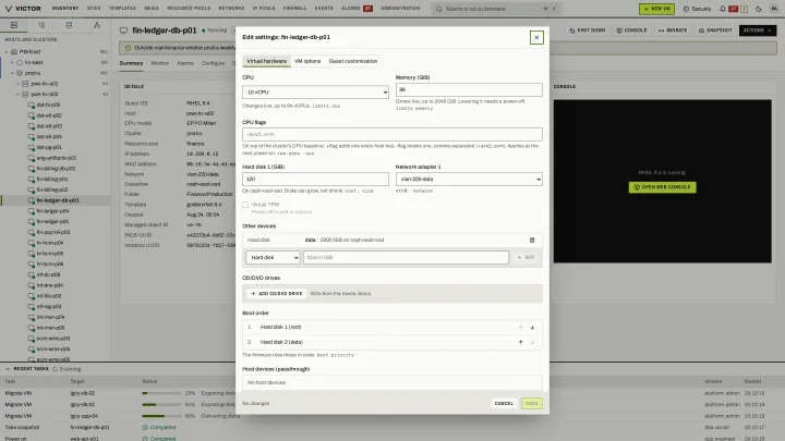 Edit hardware in the classic view: CPU, memory, disks, NICs and devices in one settings dialog.