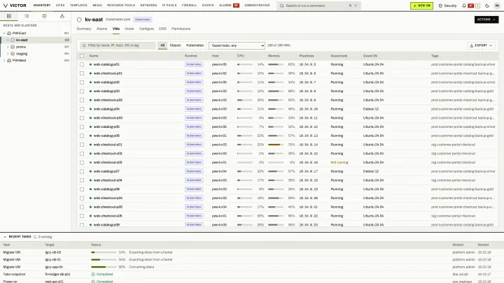 KubeVirt VMs in the classic view: The VMs of a KubeVirt pool, each marked with the Kubernetes runtime, in the same inventory as KVM clusters.