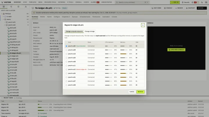 Live migrate in the classic view: Pick a destination with its CPU demand, memory and placement-rule conflicts shown first.