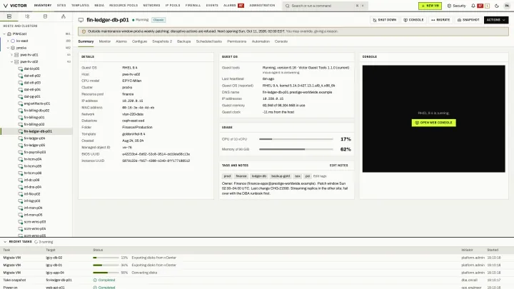 VM summary in the classic view: Guest OS, identity, usage, tags, notes and console for one VM.