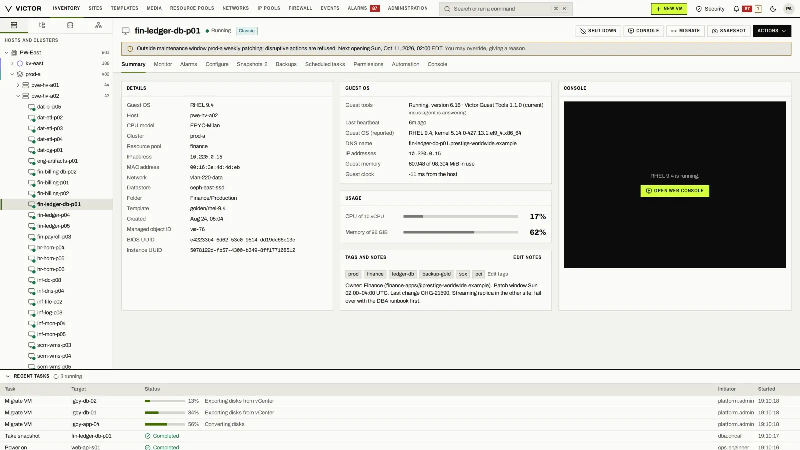 Classic view: The Classic view follows the vSphere Client: top menu, inventory tree, docked Recent tasks.
