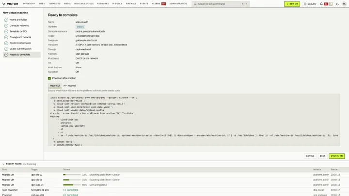 New VM: review in the classic view: Review the request with the exact engine command or API call Victor will send.