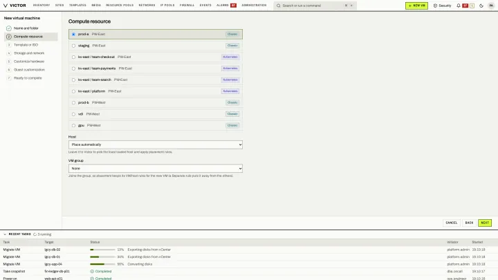 New VM: compute in the classic view: Pick a KVM cluster or KubeVirt namespace and let Victor place the VM on a host, under placement rules.