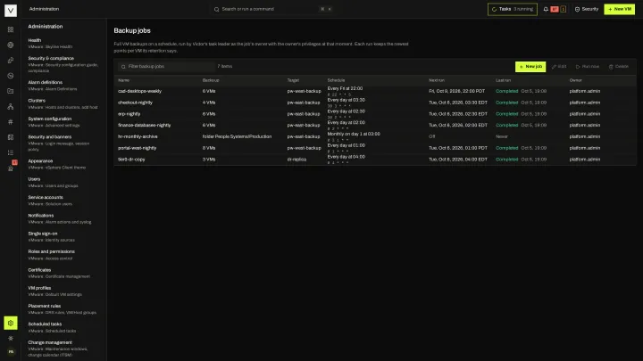 Backup jobs in the victor view: Scheduled jobs with scope, target, schedule, next run and last result.