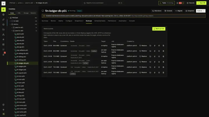 VM restore points in the victor view: Restore points on the VM itself, with size, type and verification state.