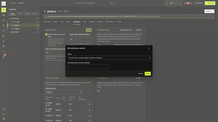 HA admission control in the victor view: Reserve failover capacity by host failures, percentage or dedicated hosts.