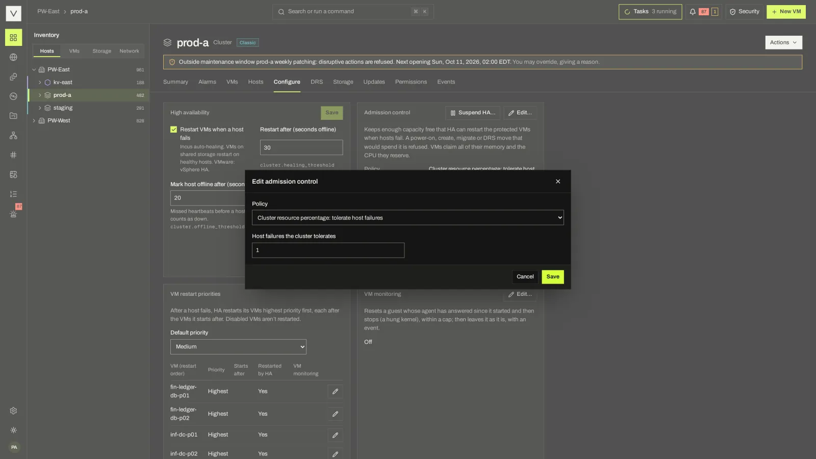 HA admission control: Reserve failover capacity by host failures, percentage or dedicated hosts.