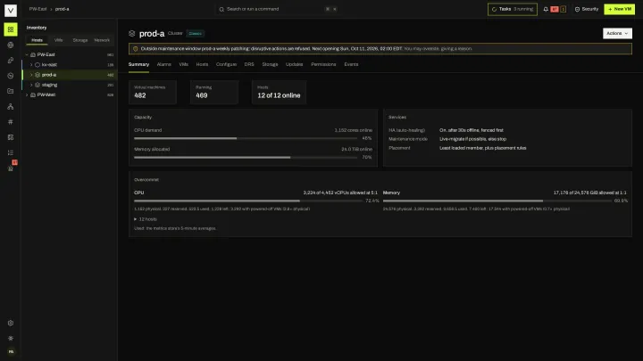 KVM cluster summary in the victor view: A Victor virtualization cluster with its hosts, capacity and current maintenance window.