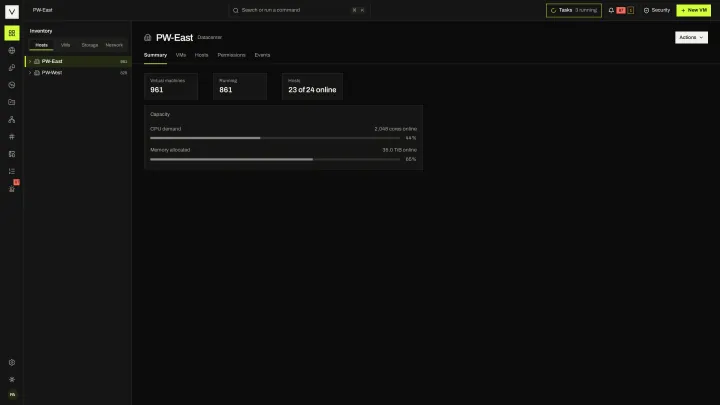 Datacenter summary in the victor view: VM and host counts, hosts online and capacity for a datacenter.