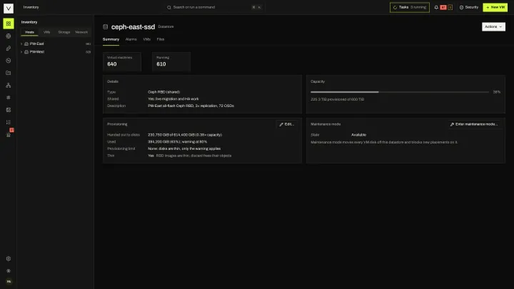 Datastore summary in the victor view: Ceph datastore capacity, provisioning and the VMs placed on it.