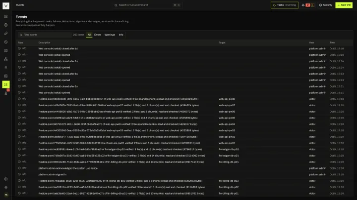 Events in the victor view: Every task and system event, filterable and linked to its object.