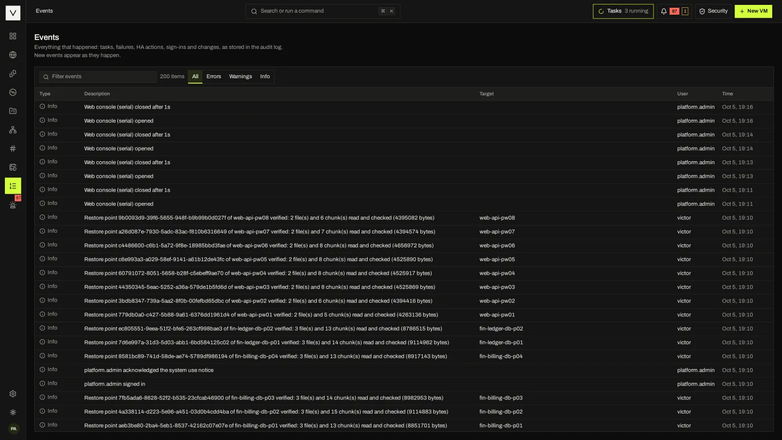 Events: Every task and system event, filterable and linked to its object.