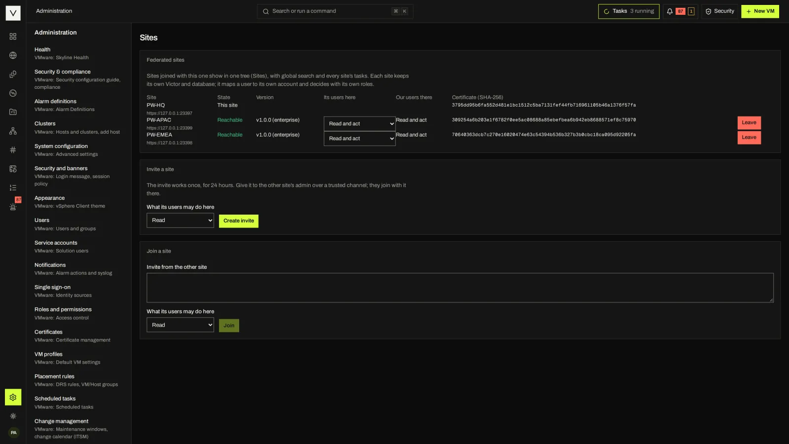 Federation settings: Join and manage peer sites.