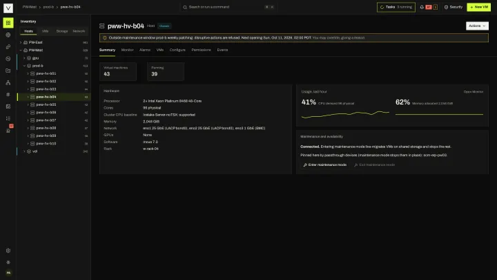 Host availability in the victor view: Hardware, usage, and what maintenance mode will do to each VM on the host.