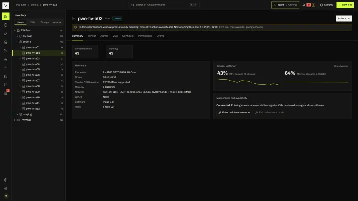 Host summary in the victor view: Host hardware, usage, maintenance mode and the VMs it is running.