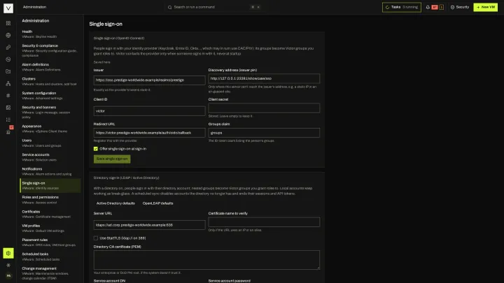 Single sign-on in the victor view: OIDC and LDAP/Active Directory identity sources.