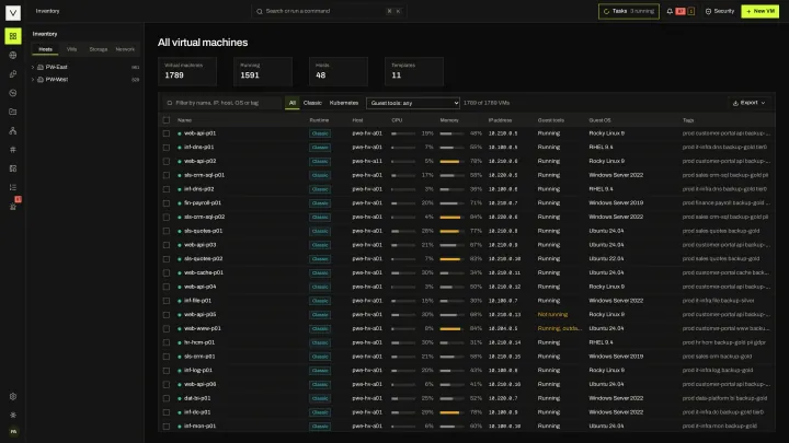 All virtual machines in the victor view: One inventory across KVM clusters and KubeVirt pools, with runtime, host, resource use and state per VM.