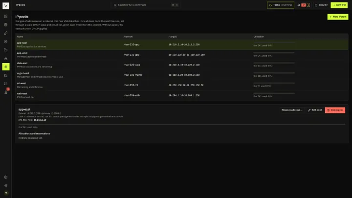 IP pools in the victor view: IPAM pools with allocations and reservations.