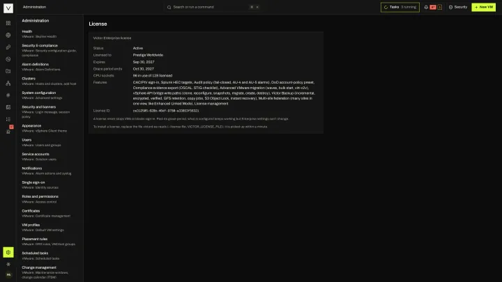 License in the victor view: The offline, signed license file and the Enterprise features it enables.