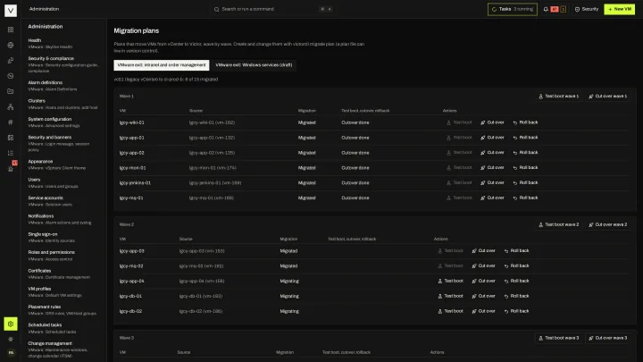 Migration plans in the victor view: Enterprise migration plans: waves, test boot, cutover and rollback per VM.