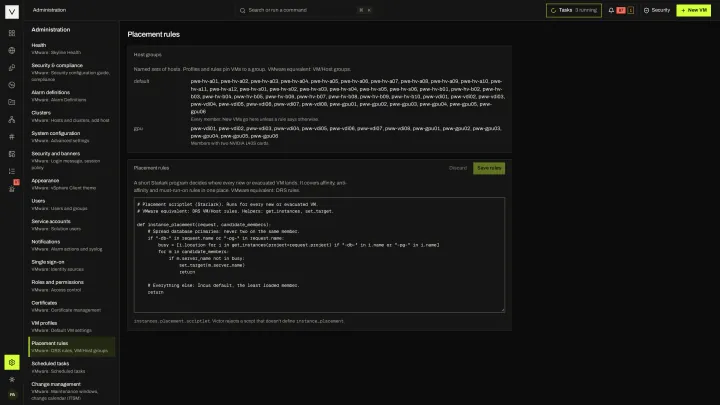 Placement script in the victor view: Host groups and a site-wide placement script that decides where new or evacuated VMs land.