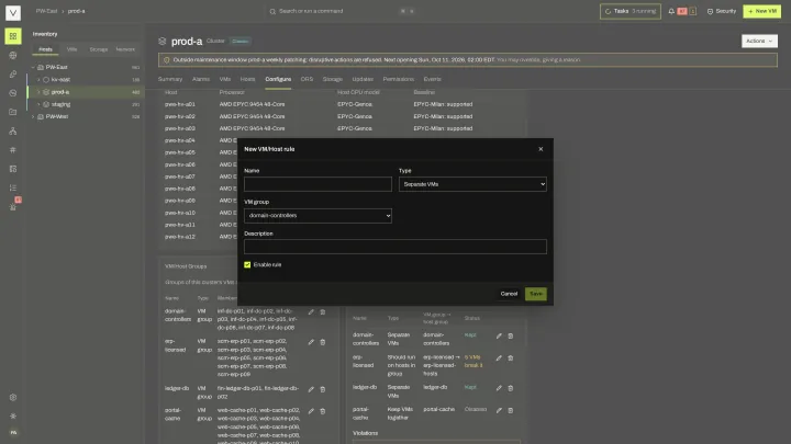 Placement rule in the victor view: VM/VM and VM/host affinity and anti-affinity rules.