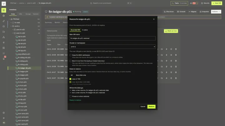 Restore a VM in the victor view: Restore in place or as a new VM, choosing the cluster or namespace and which disks.