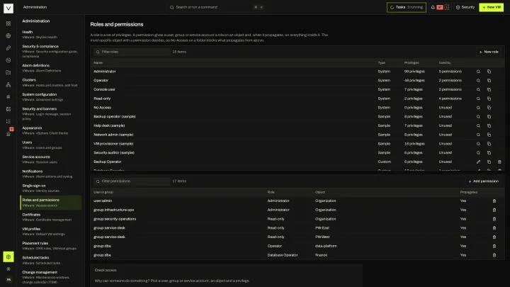 Roles and permissions in the victor view: vCenter-style privileges and roles, assigned on inventory objects with propagation.