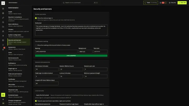 Security and banners in the victor view: Consent notice, classification banner, session and password policy.