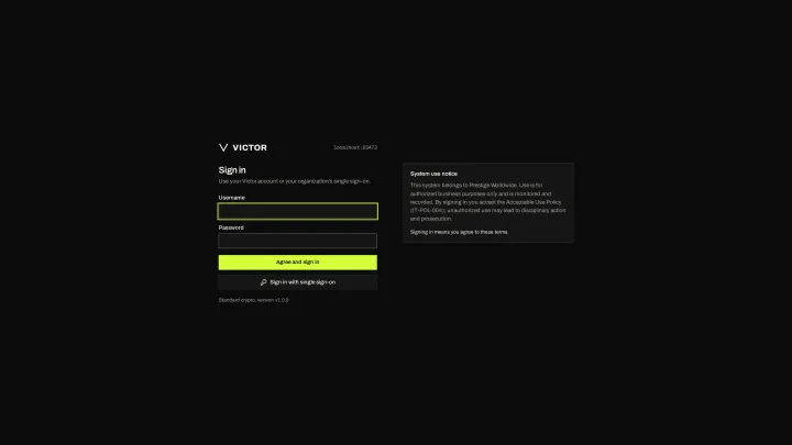 Sign in in the victor view: Local or single sign-on, with a configurable system-use notice.