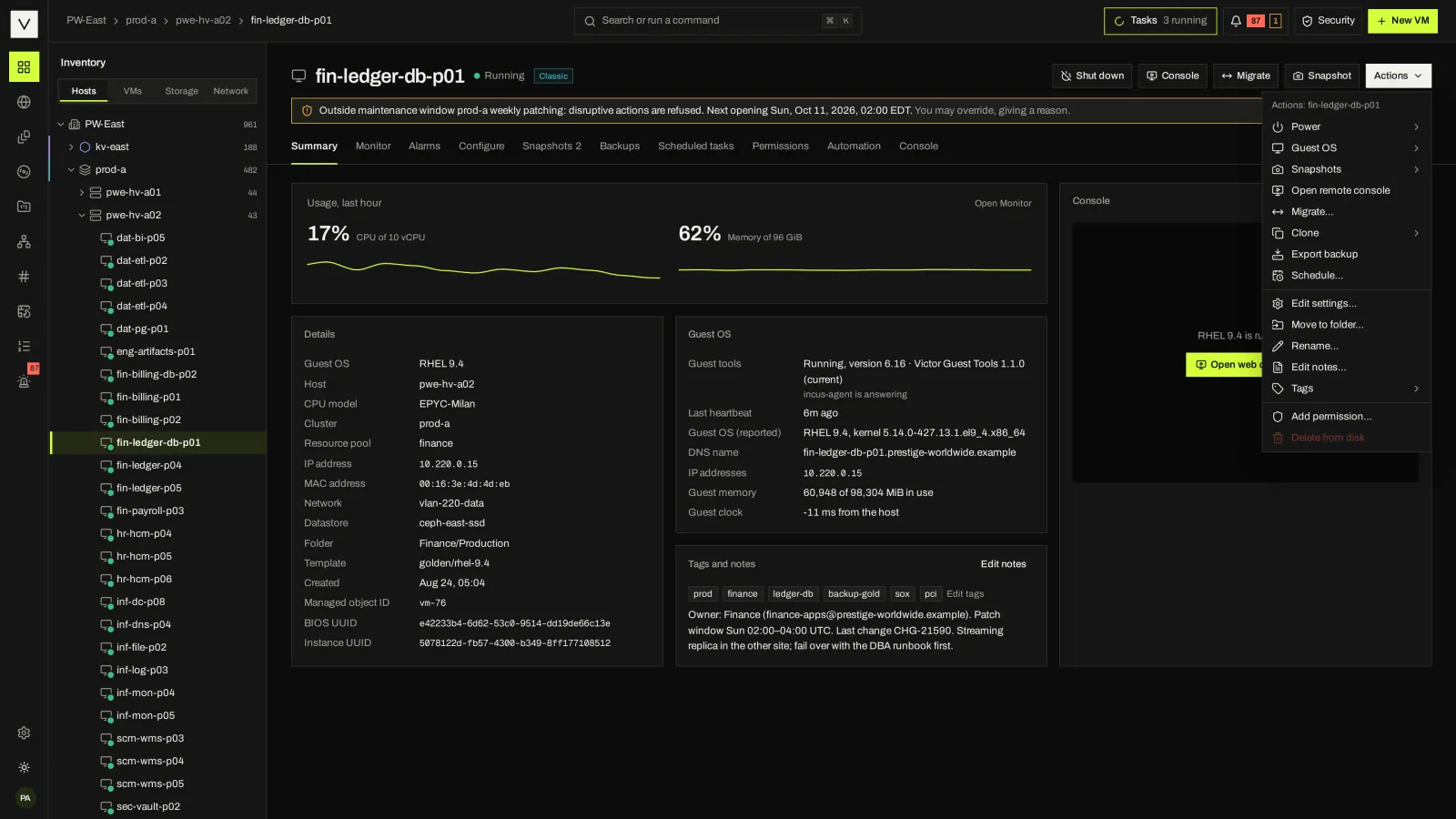 Victor Enterprise screen for VM lifecycle