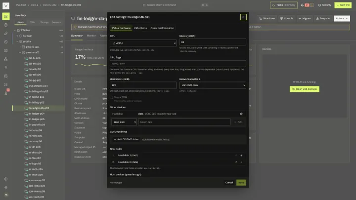Edit hardware in the victor view: CPU, memory, disks, NICs and devices in one settings dialog.