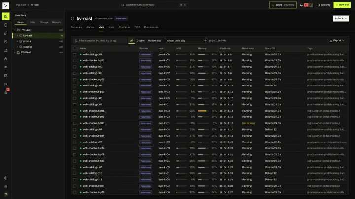 KubeVirt VMs in the victor view: The VMs of a KubeVirt pool, each marked with the Kubernetes runtime, in the same inventory as KVM clusters.