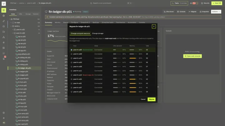Live migrate in the victor view: Pick a destination with its CPU demand, memory and placement-rule conflicts shown first.