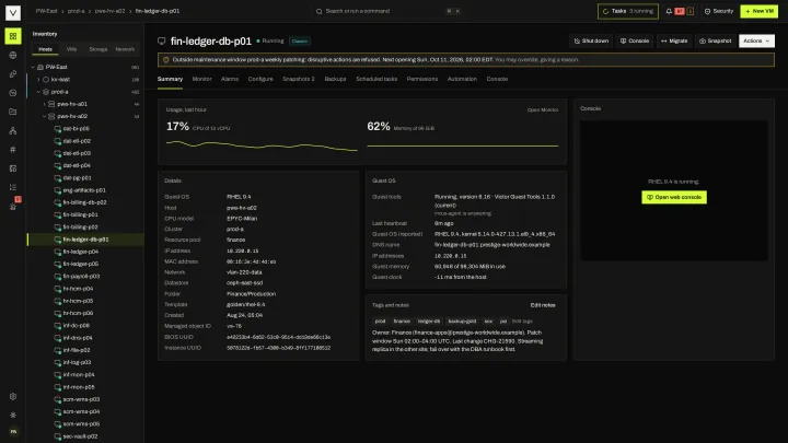 VM summary in the victor view: Guest OS, identity, usage, tags, notes and console for one VM.