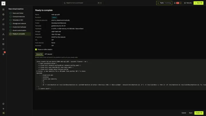 New VM: review in the victor view: Review the request with the exact engine command or API call Victor will send.
