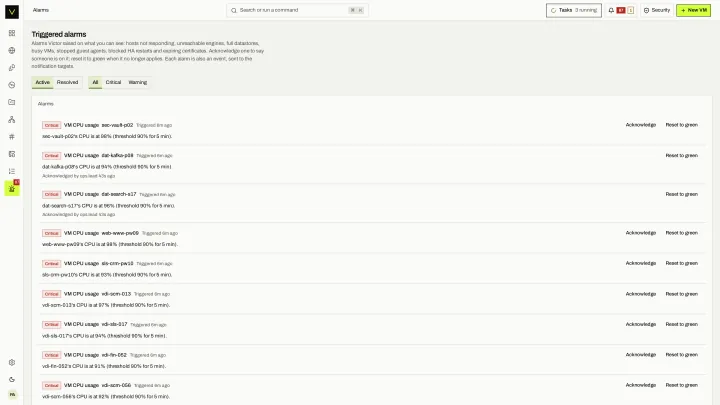 Triggered alarms in the victor view: Active alarms with severity, target and acknowledgement.