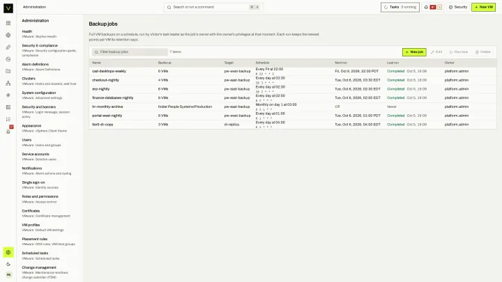 Backup jobs in the victor view: Scheduled jobs with scope, target, schedule, next run and last result.