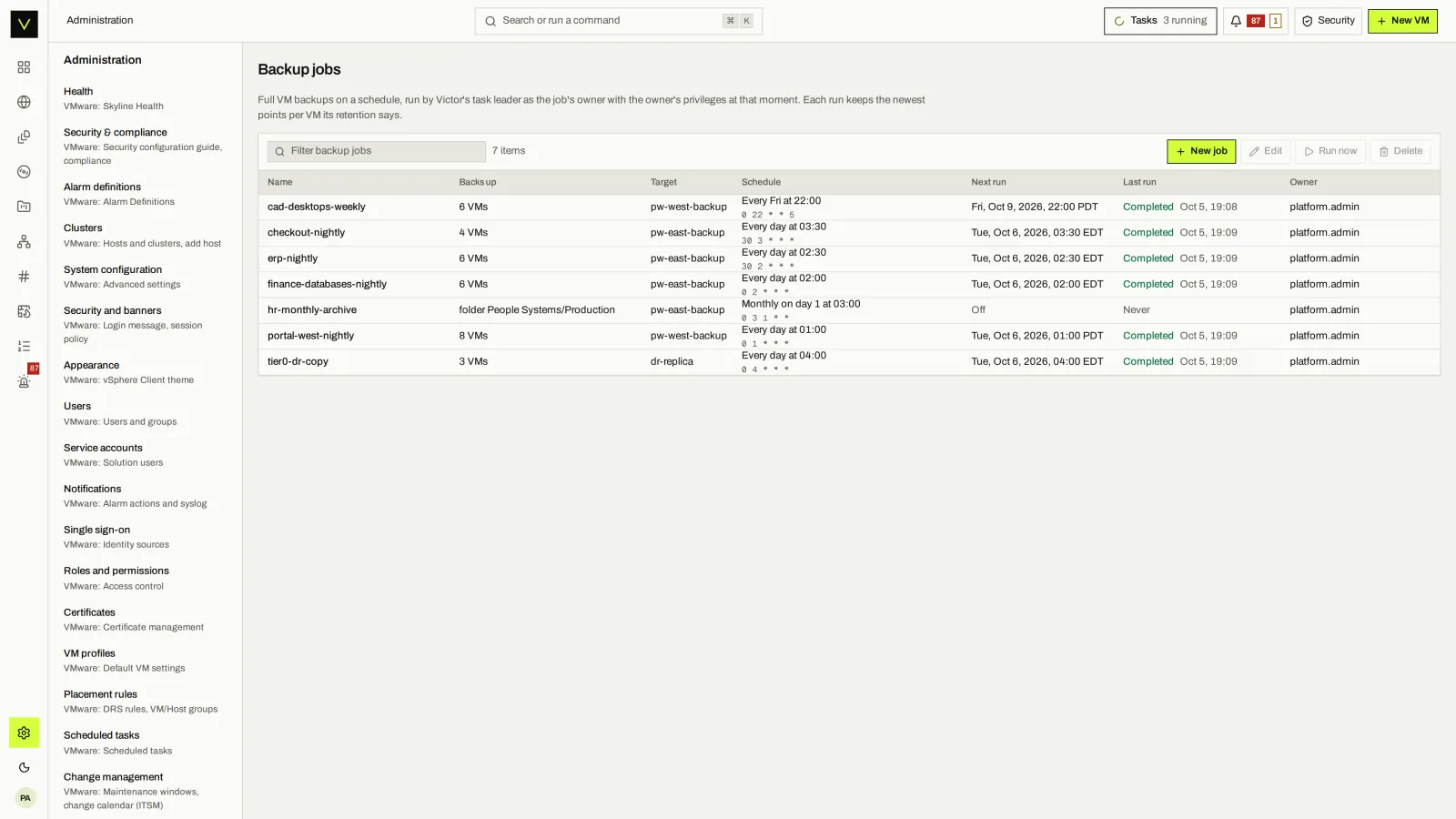 Jobs: Scheduled jobs with scope, retention and last result.